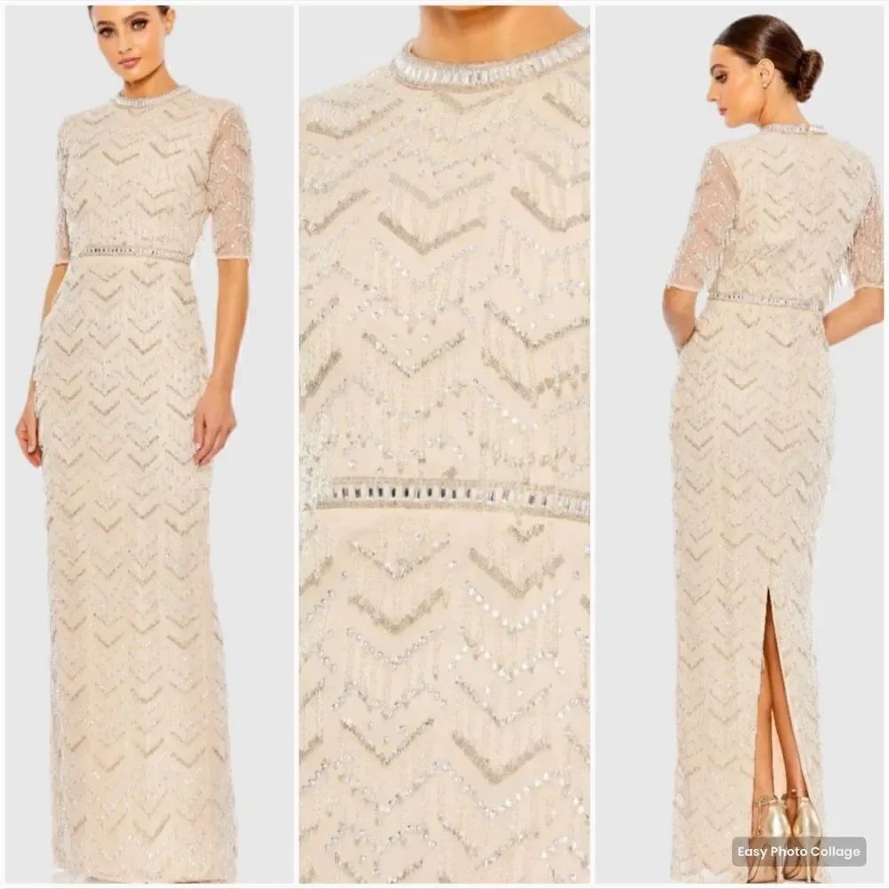 Mac Duggal 94071 Womens Beaded Fringe Quarter Sleeve Column Gown Dress